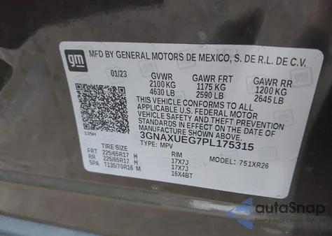 2023 Chevrolet Equinox Awd Lt из США, поврежденный, VIN 3GNAXUEG7PL175315